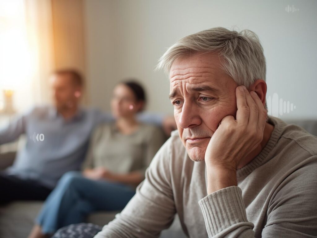 A middle-aged person showing early signs of hearing difficulty at home, reflecting the importance of following hearing care tips to prevent hearing loss.