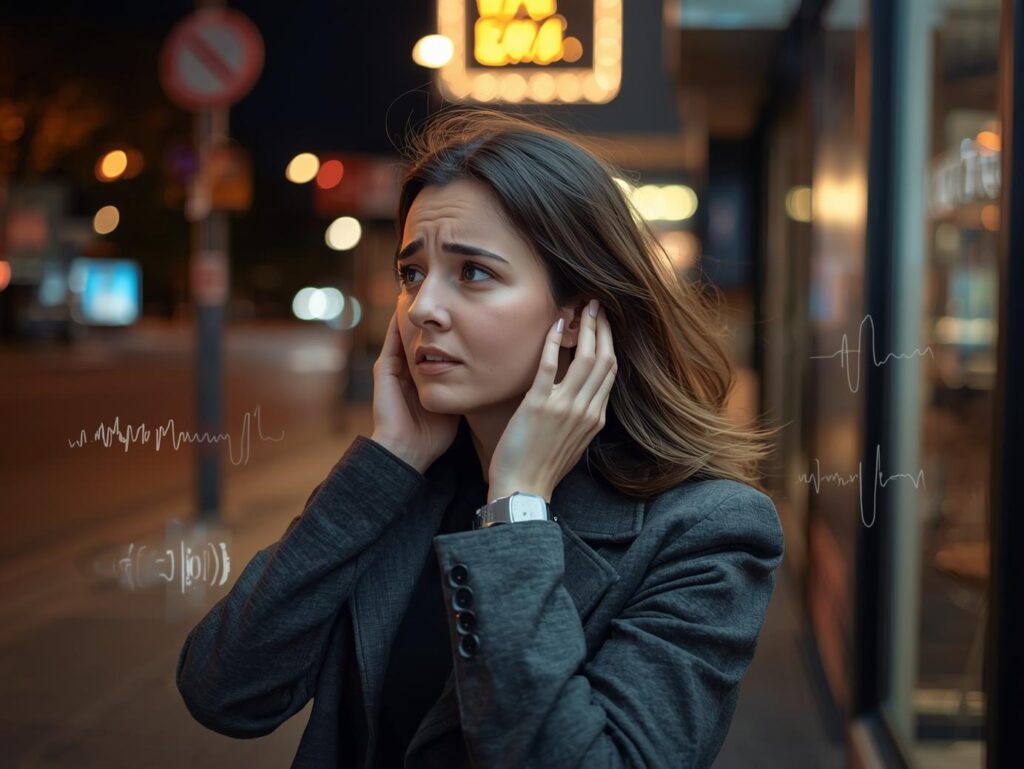 a young adult holding their ear with a concerned expression after attending a loud event