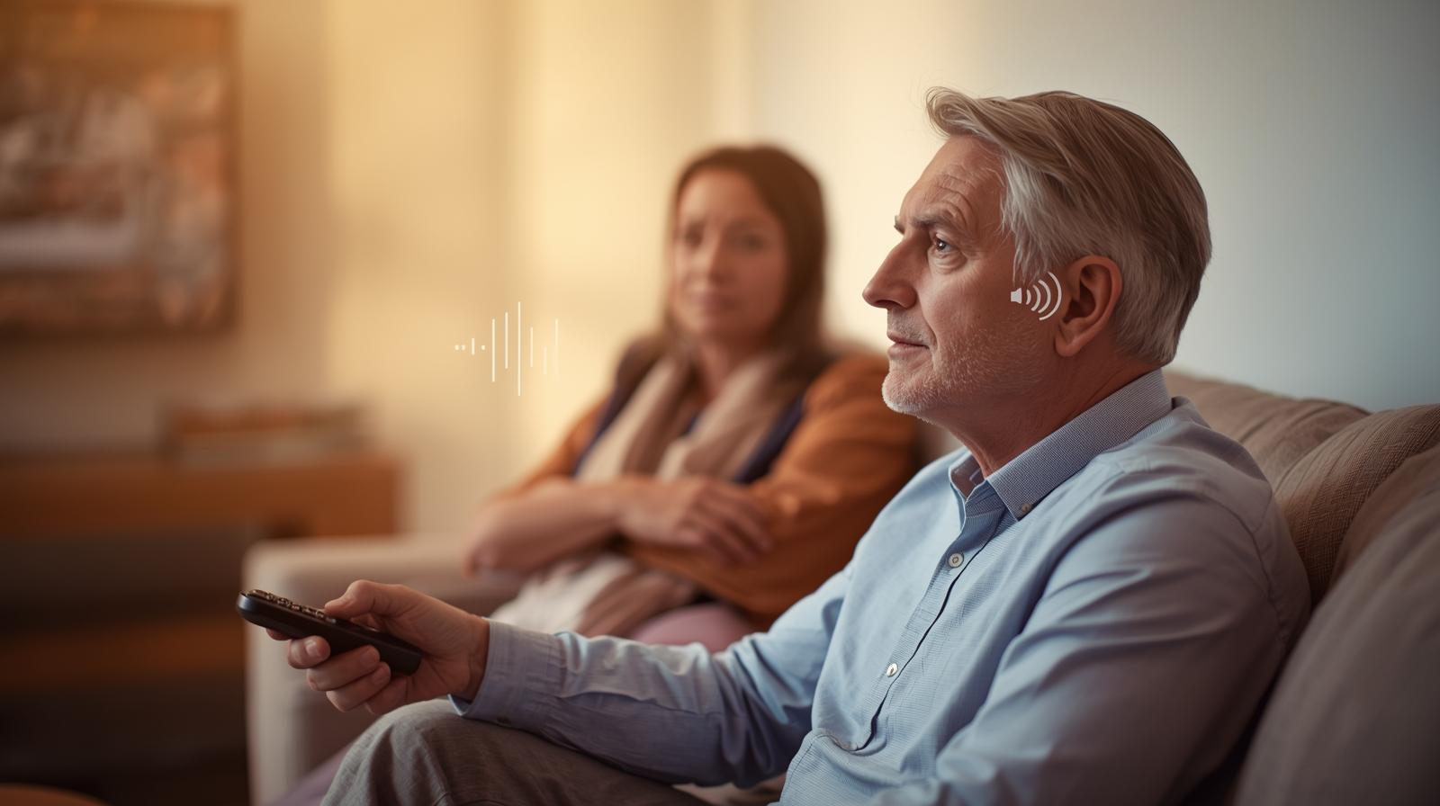 middle-aged person sitting in a cozy living room, tilting their head slightly while watching TV with the volume remote in hand