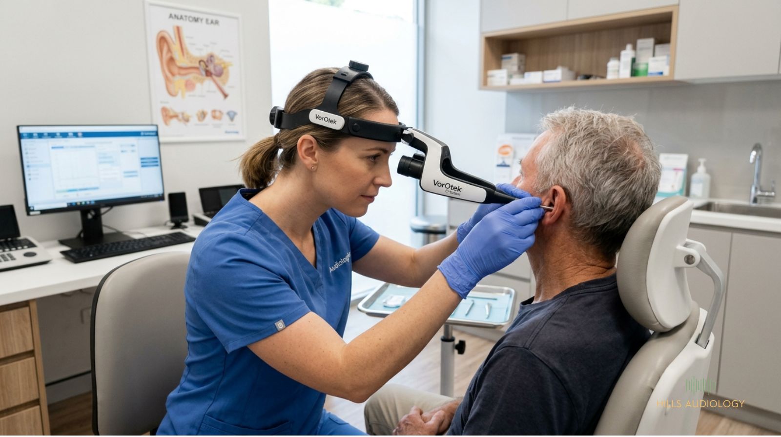 Audiologist performing earwax removal using advanced equipment in a modern audiology Sydney clinic