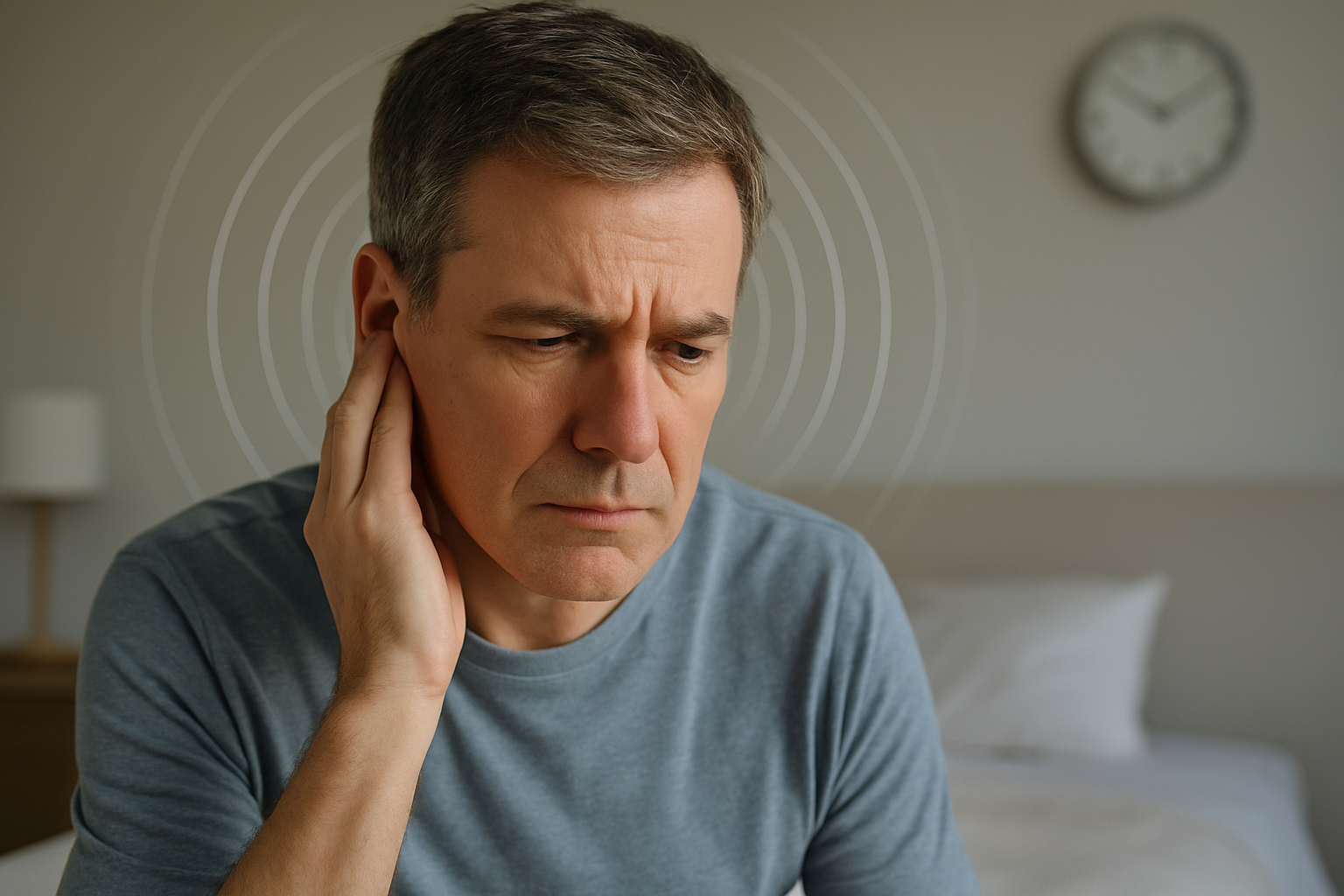 Middle-aged person sitting alone in a quiet room, gently holding one ear with a concerned expression—illustrating the need for tinnitus relief. Faint soundwave overlays represent internal ringing, highlighting the silent struggle faced by tinnitus sufferers.